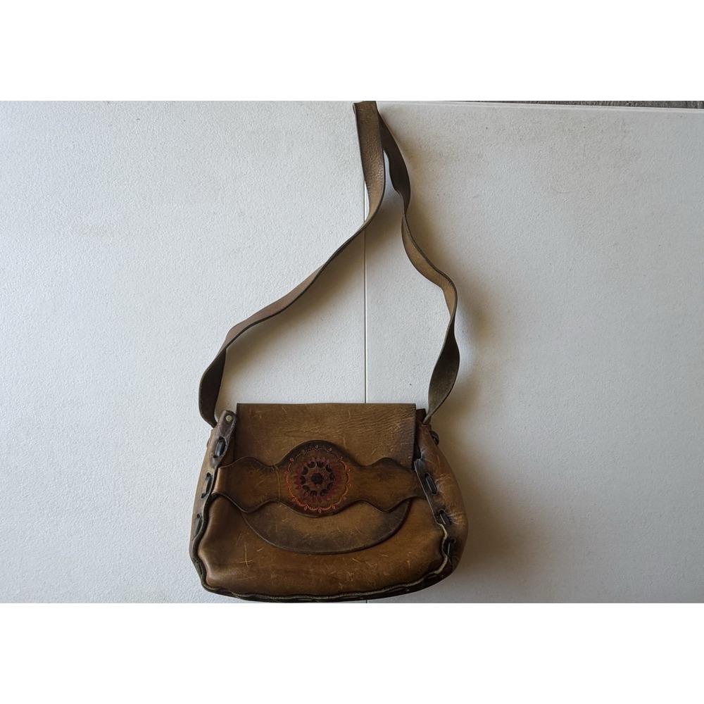 Vintage Leather Tooled Saddle Bag Purse Brown Braided Distressed Hippie BOHO